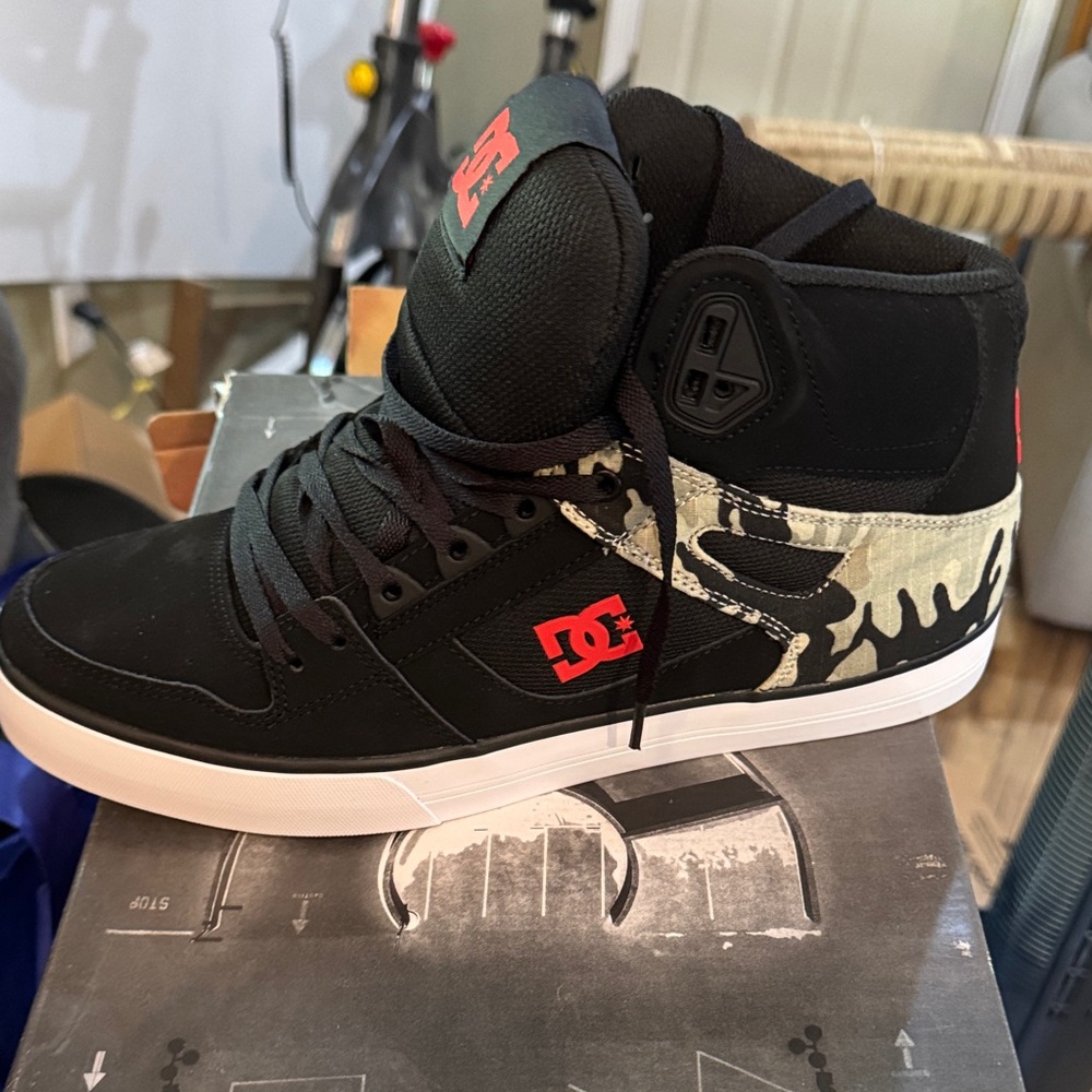 DC Black and Red High-Top Sneakers with White Accents